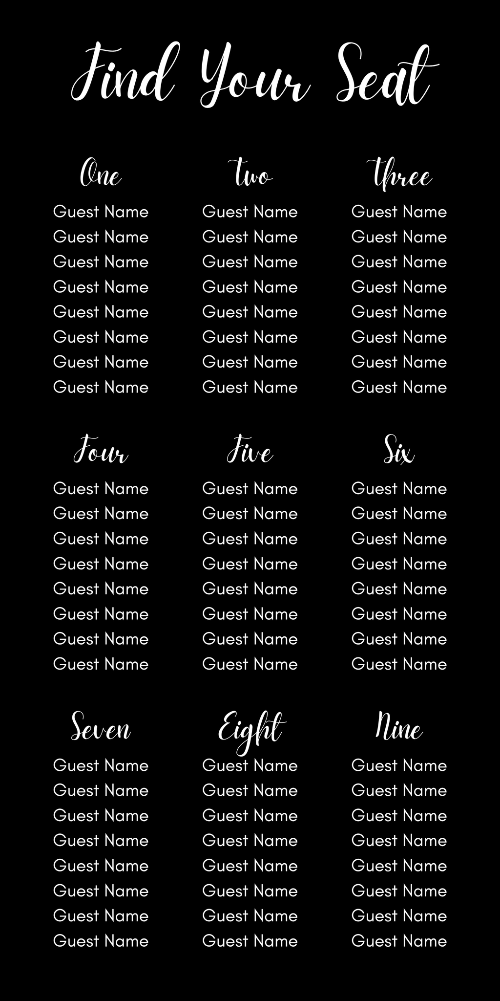 Black & White Wedding Seating Chart Template