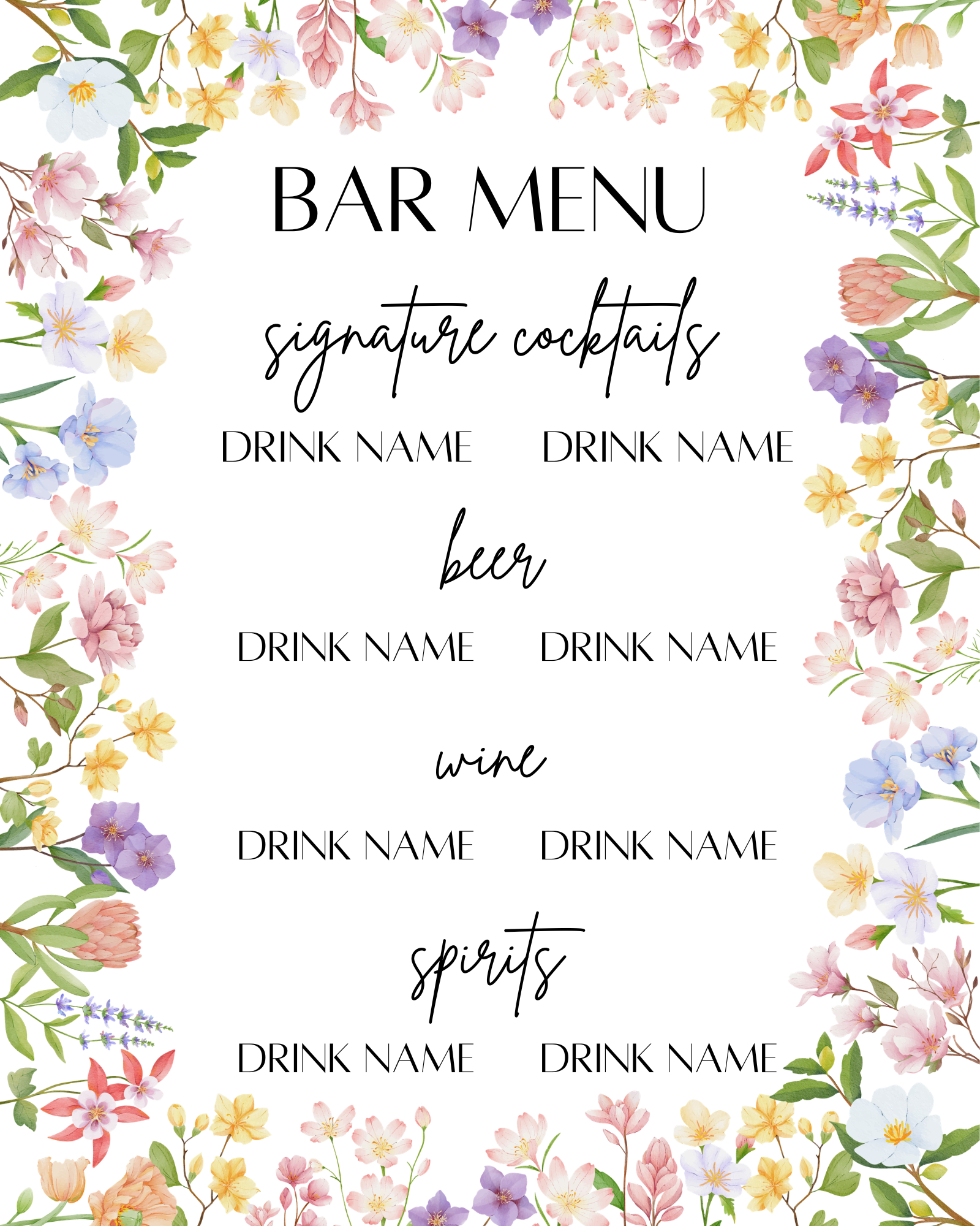 Floral Bar Menu Template