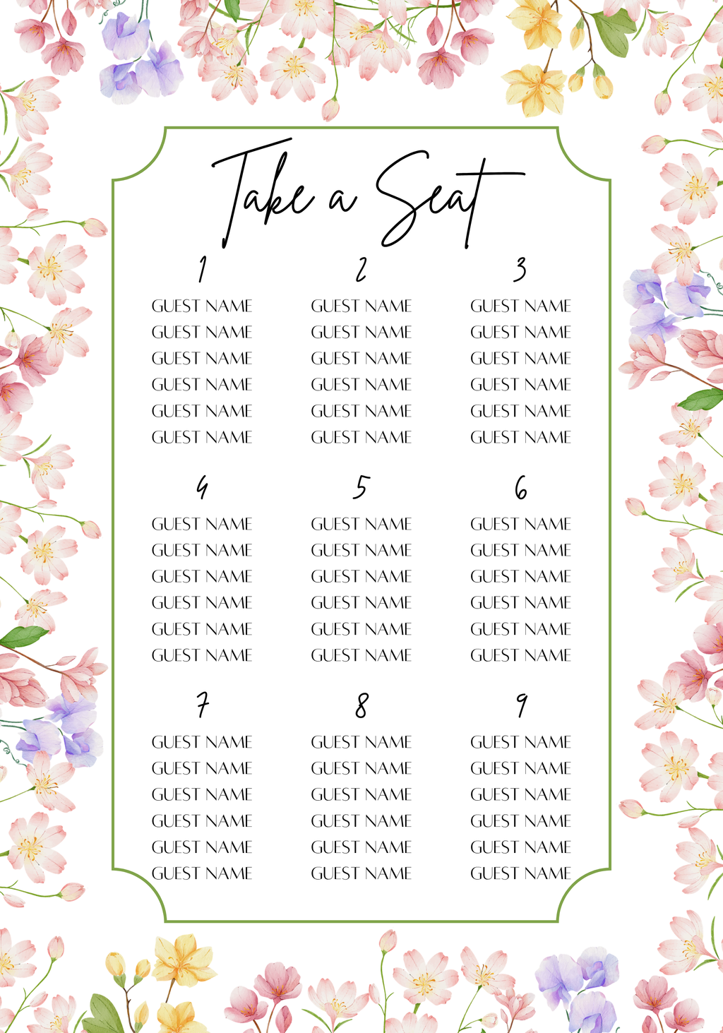 Floral Wedding Seating Chart Template